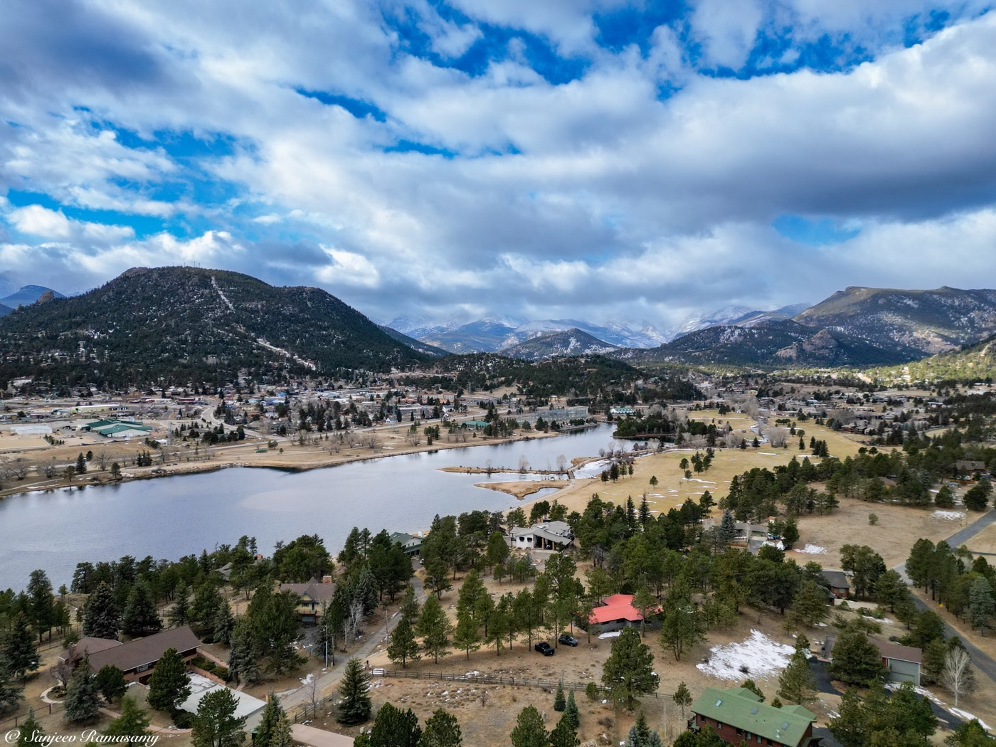 Aerial view of a mountain town beside a lake, surrounded by forested hills and peaks under puffy clouds.