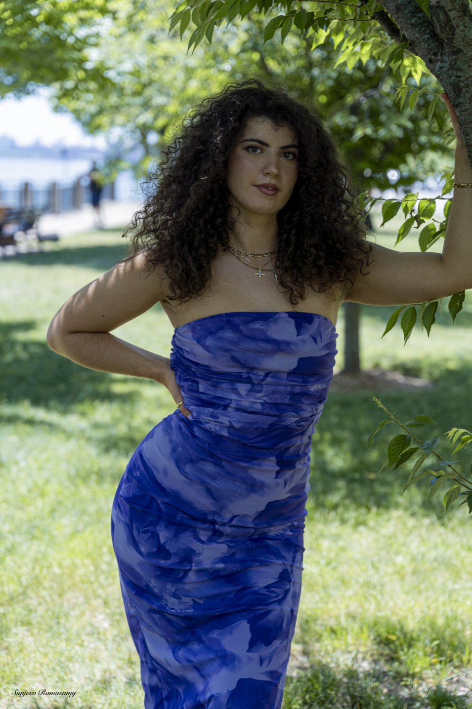 Woman with curly dark hair in a blue strapless dress leaning on a tree, one hand on her hip, with grass and water behind.