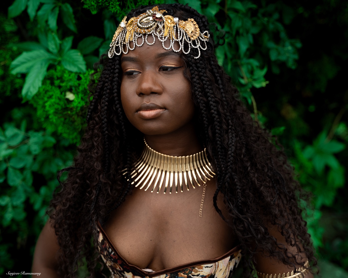 Portrait of a woman with long curly hair wearing an ornate gold headpiece and collar necklace, framed by green leaves.